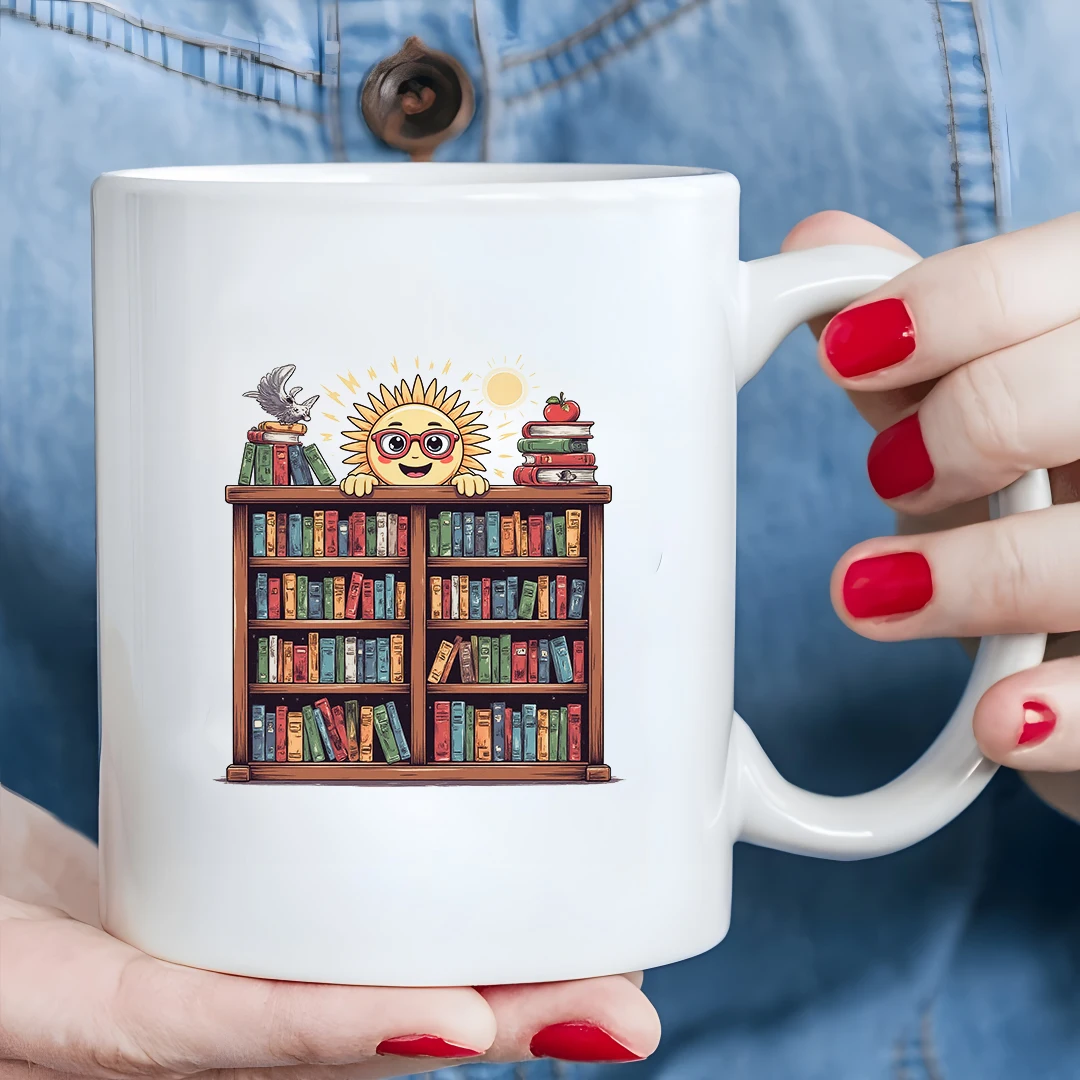

11oz Mug + Cartoon Bookshelf Sun Illustration + Kids Family Office Cup + Christmas Gift