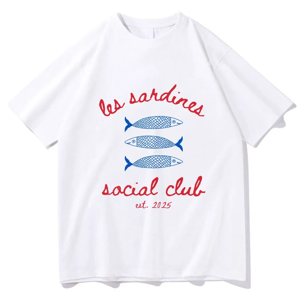 Sardines à l'huile d'olive rouge bleu imprimé t-shirt drôle imprimé femmes col rond été graphique t-shirts vêtements de sport