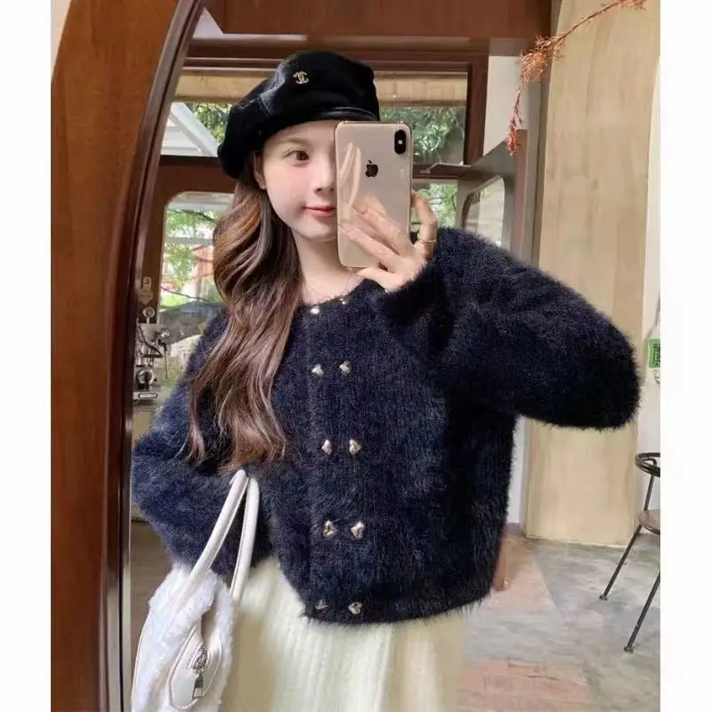 Imitation Mink Knitted Sweater Cardigan Women\'s Autumn Winter Thickened Short Version European Product High-end Good-looking