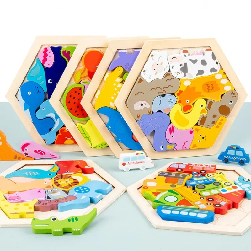 Montessori Wooden Toys 3D Jigsaw Puzzle Tangram Math Toys Baby Hand Grasp Board Shape Match Puzzle Educational Toys for Kids