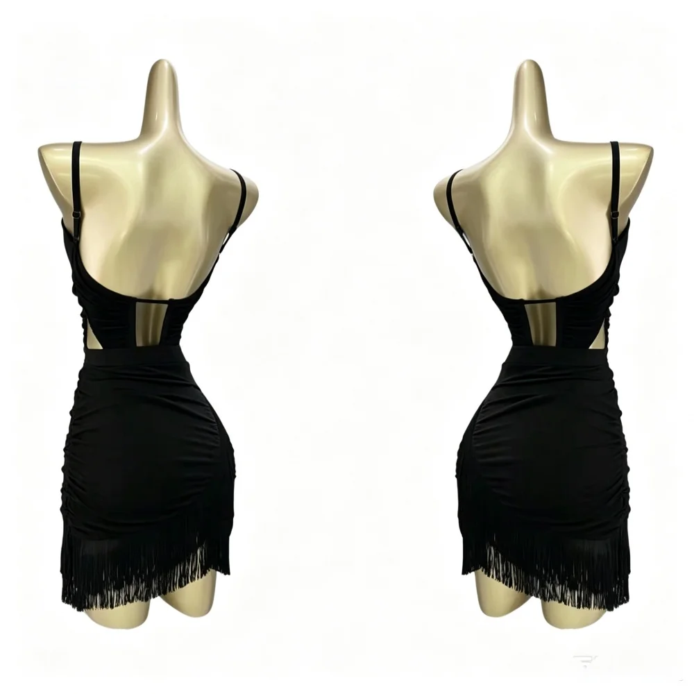 Women Professional Latin Dance Outfit Mesh Panel Fringe Short Dress Backless Design for Rumba Samba Training and Stage Performan