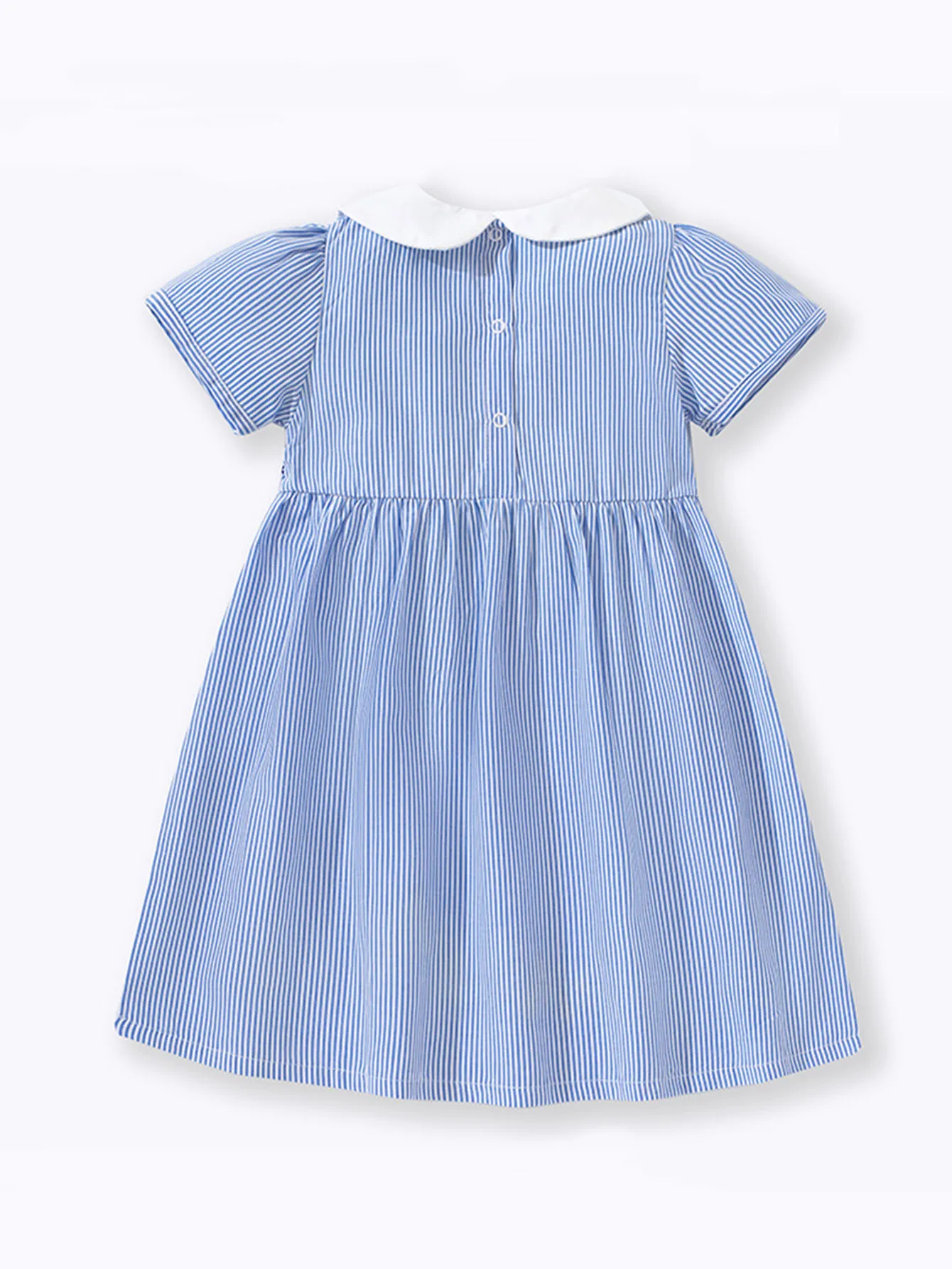 TUONXYE Baby Mädchen Gestreiftes Kleid mit Kragen, Gewebtem Stoff, Vogel- und Blumenstickerei, Kurzen Ärmeln und Knöpfen am Rücken, Sommerkleid für Kleinkinder. – Detail 3