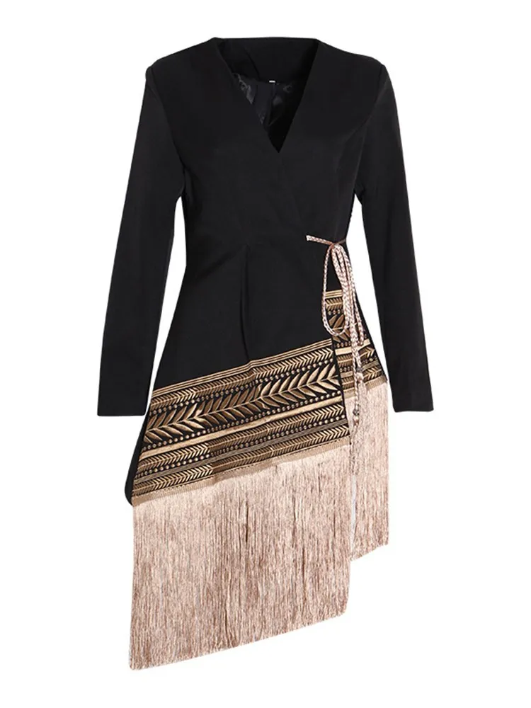 TWOTWINSTYLE Colorblock Irregular Blazers For Women V Neck Long Sleeve Patchwork Tassel Elegant Chic Blazer Female Fashion New