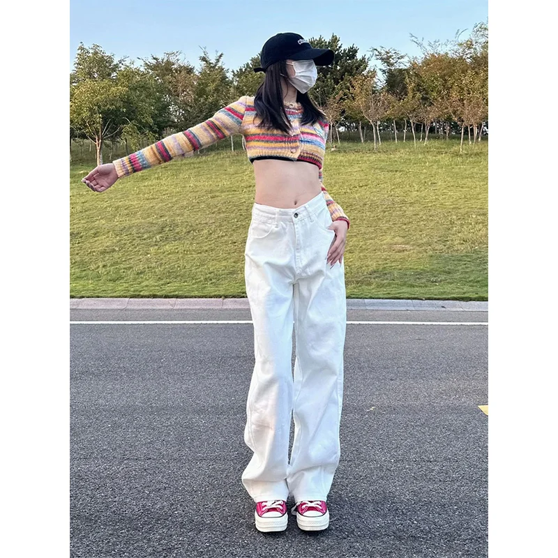 

White High-Waisted Wide-Leg Jeans Women 2025 Spring and Autumn New Style Petite Loose Slimming Draped Straight Narrow Pants