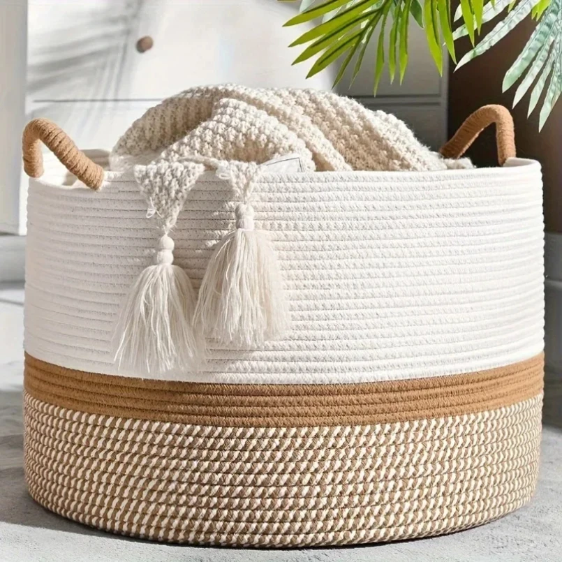 

King-size Woven Storage Basket Living Room Cotton Rope Blanket Basket Household Wicker Laundry Basket Storage Organizer