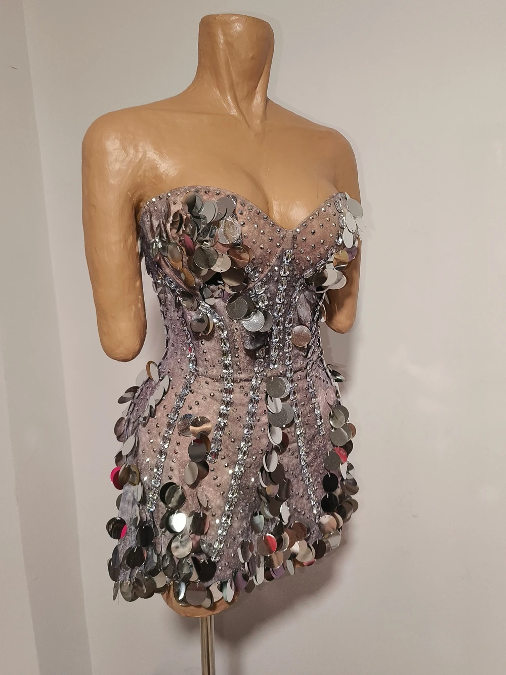 Sparkly Silver Rhinestones Sequined Birthday Celebrate Evening Tube Short Dress Women Sexy Photo Shoot Wear Performance Costume view 3