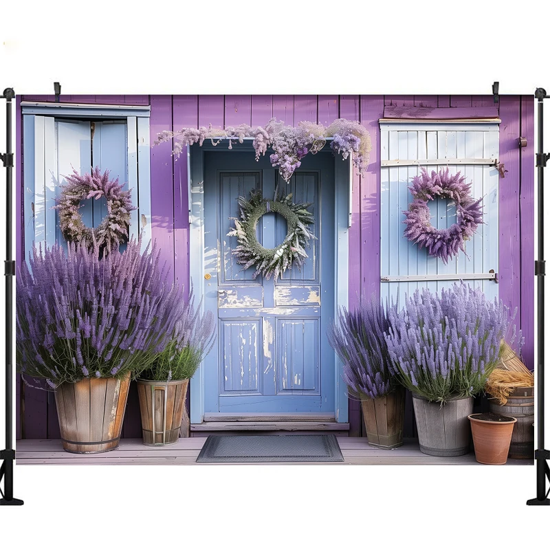 Fondo de fotografía LS, decoración de retrato de adulto, corona de lavanda púrpura, puerta azul, fondo de pared a rayas de madera, estudio fotográfico