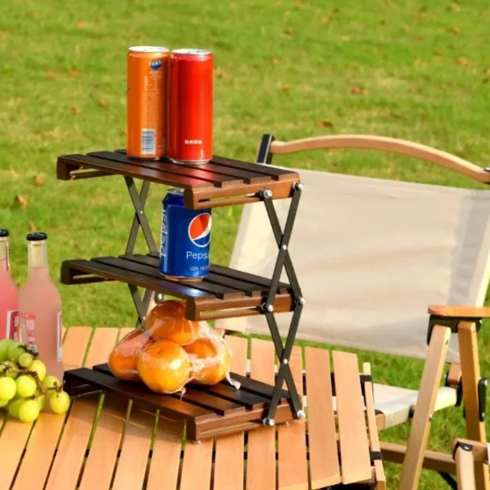 Outdoor Camping Folding Shelf Solid Wooden Three Tier Desktop Storage Rack Portable Multifunctional Outdoor Folding Storage Rack