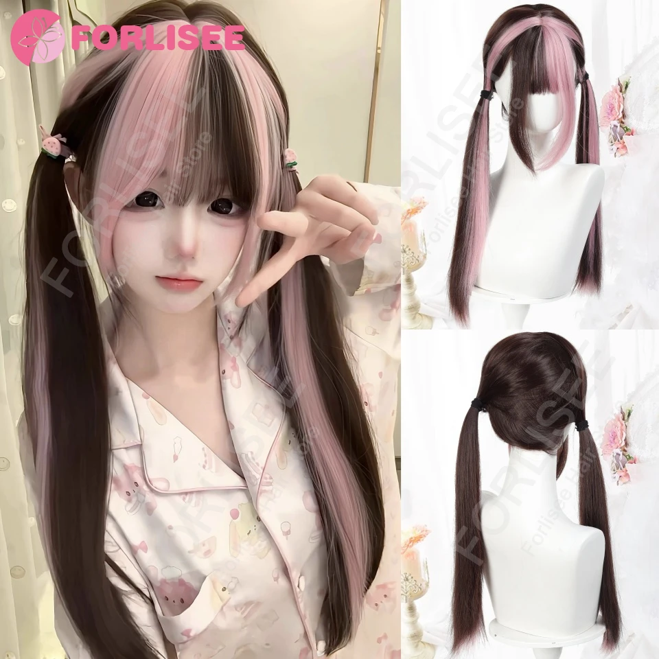 

Черный, розовый, длинный, прямой, синтетический парик с челкой, термостойкий парик из волокна для женщин, повседневная вечеринка, косплей, парик на Хэллоуин