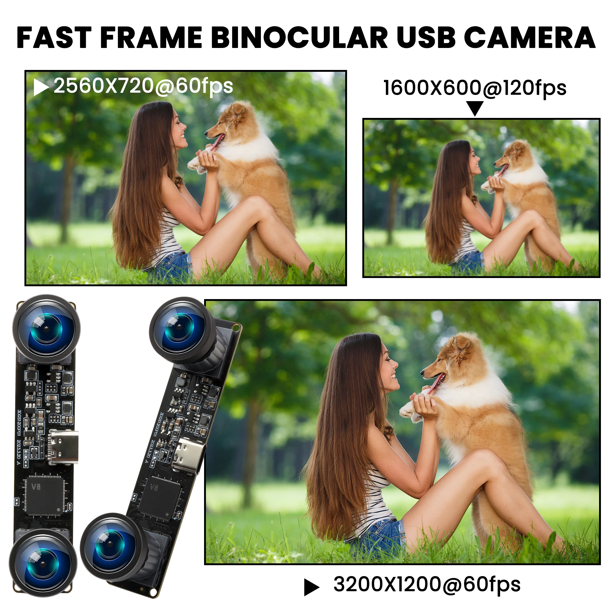 ELP 1200P 60fps Global Shutter Binocular USB Camera Module Wide Angle Dual Lens Lightburn Camera Synchronization PC Webcam Board