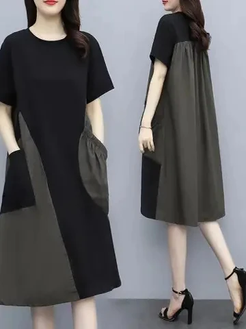 

Летнее платье больших размеров с цветовыми блоками, свободного кроя, длиной до колена, с коротким рукавом, скрывающее недостатки фигуры, А-силуэт, в корейском стиле, повседневная одежда