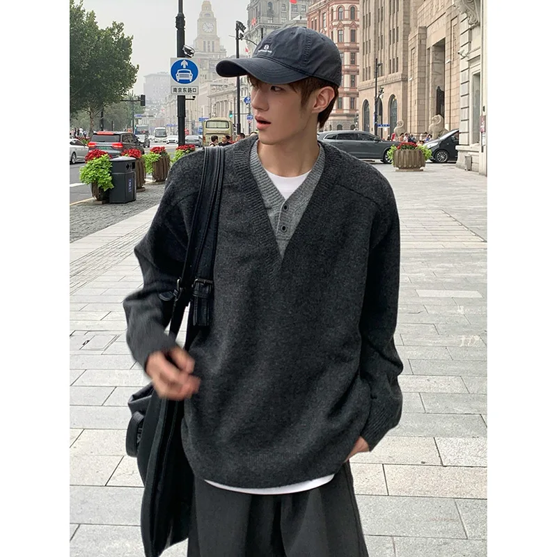 

Мужской свитер в стиле ретро с V-образным вырезом и пэчворком, осенне-зимний, повседневный, с длинным рукавом, удобный, дышащий, модный