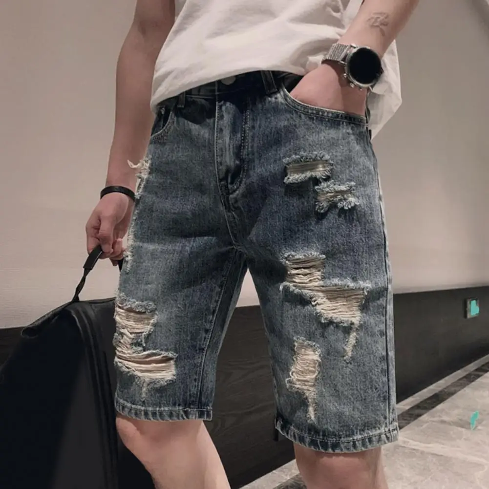 

Mid-waist Fit Denim Shorts Ripped Short Jeans Men's Streetwear Denim Shorts Mid-rise Ripped Holes Straight Leg Knee Length