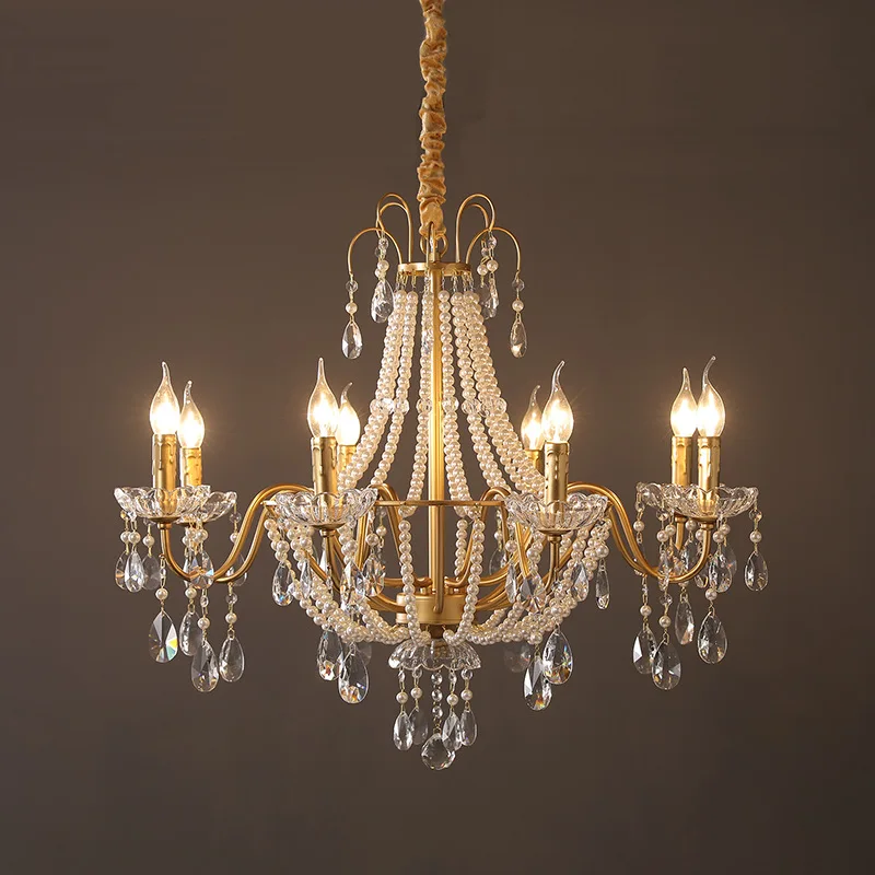 

American Crystal Lamp French Retro Style Pearl Chandelier Middle Villa For Living Room Dining Room Bedroom Duplex Chandelier
