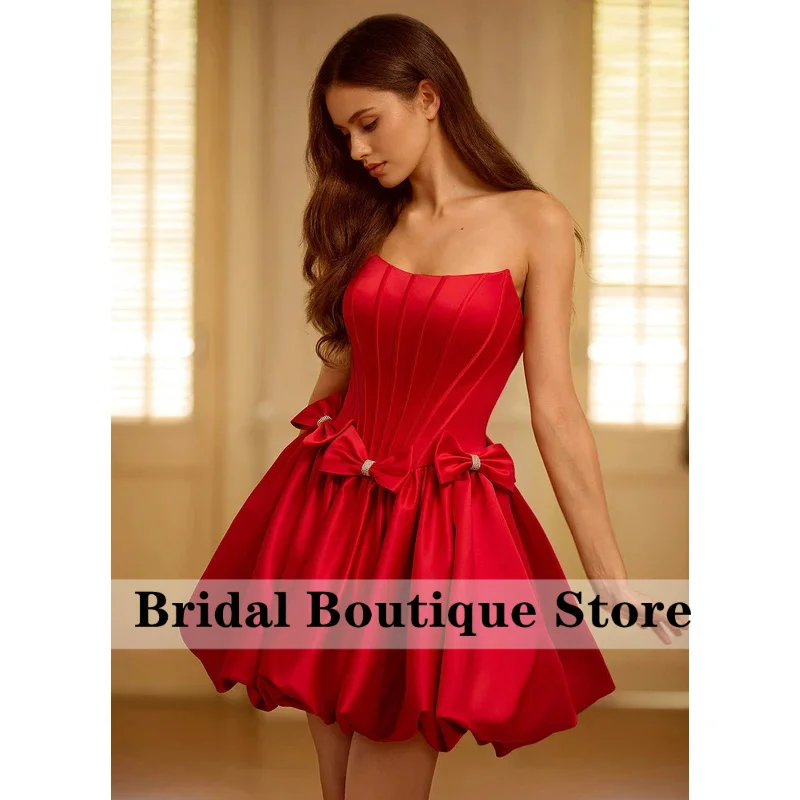 Homecoming Dress Strapless Corset Bow Bubble Satin Mini Cocktail Party Dress Prom Dress For Dance Club Customized