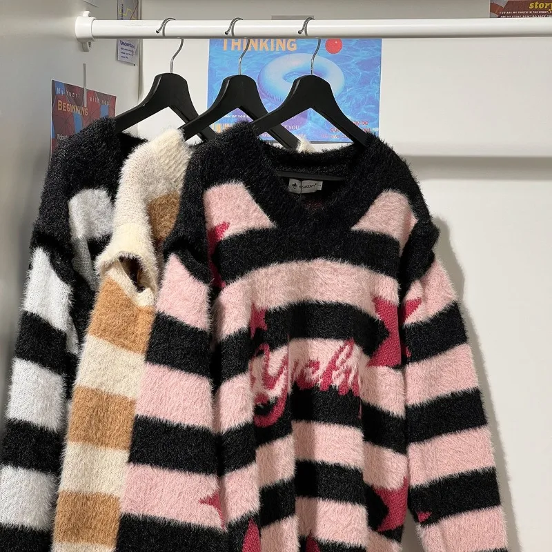 DAYIFUN Striped Knitted Sweater Lady Imitation Mink Wool Sleeve with Detachable Vest Jumpers Five Pointed Star V-neck Pullovers