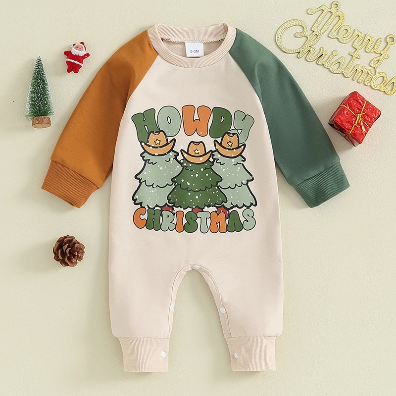 Patchwork manga comprida Xmas Letter Print Romper para recém-nascidos meninos e meninas, macacão de Natal, macacão de Papai Noel, 0-18M, 2023-10-06 anos