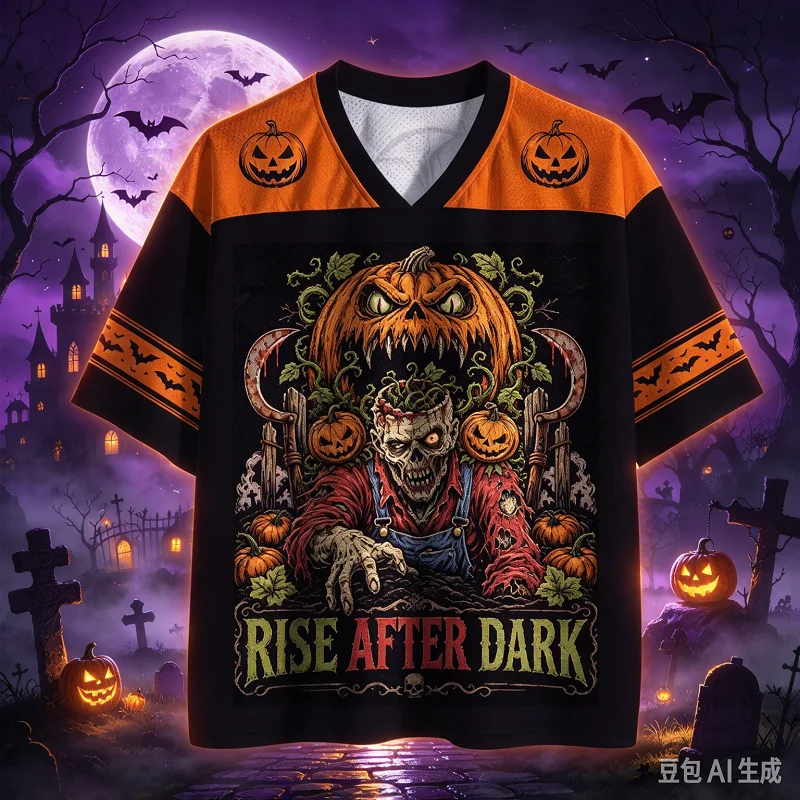 Halloween Limited V-neck Short Sleeved Shirt, Horror Night Pumpkin Head Short Sleeved Shirt,Trendy Sportswear,Full Print T-shirt