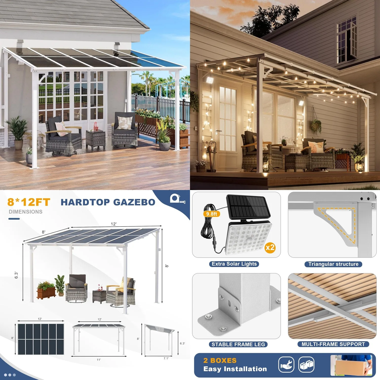 

Навесы металлические пристенные 8' x 12' с наклонной крышей, для улицы, патио, беседки, двора, террасы, белые, на заказ