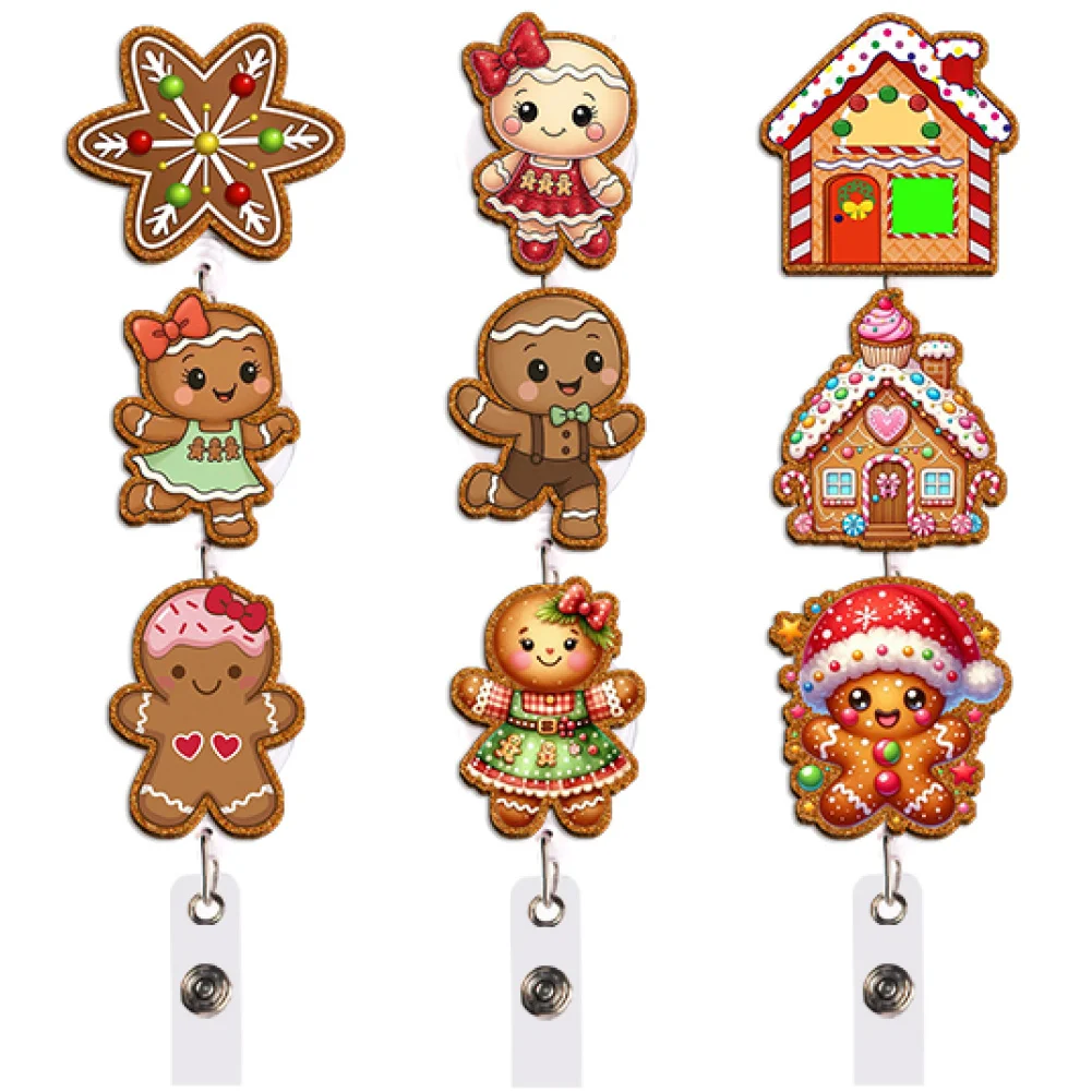 Christmas Gingerbread Badge Reel Retractable ID Holder Cookie Candy Cane Santa Gift for Daily Use Travel