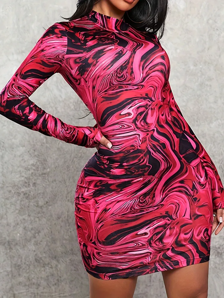 

BKLD 2025 Autumn New Printed Tight Fitting Dress Sexy Club Outfits For Women Stand Collar Long Sleeve Hip Hugging Short Dresses