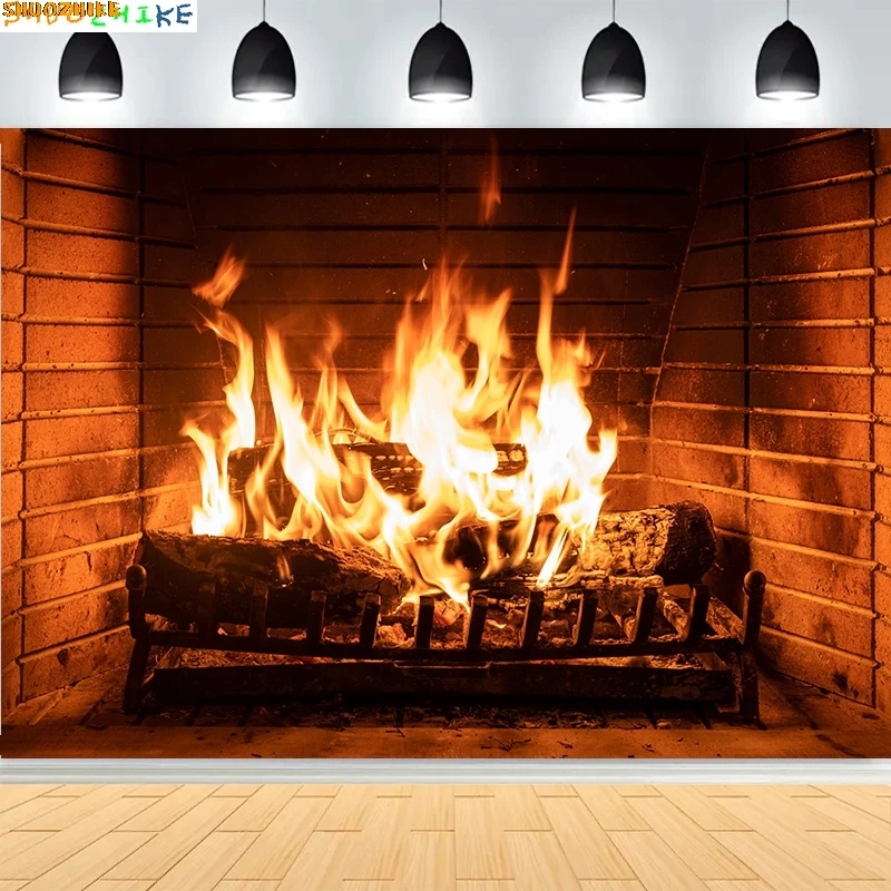 

Christmas Holiday Warm Home Photography Backdrops Fireplace Crackling Flames Party Wood Burning Photo Studio Background FD-02