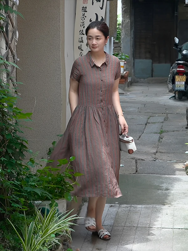 

High-End Linen irt Dr Women's ort Sve Turn-down Collar Summer Vintage Stripes FSY50354 Casual Loose Fit A-line Skirt