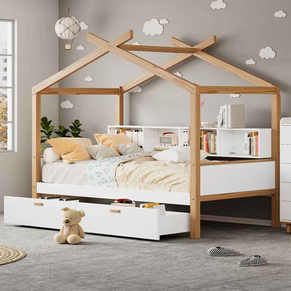 Bed Frame,Wooden House Bed Original Wood Colored Frame with Bookshelf Storage Space for Children or Guest Room, Bedroom Funiture