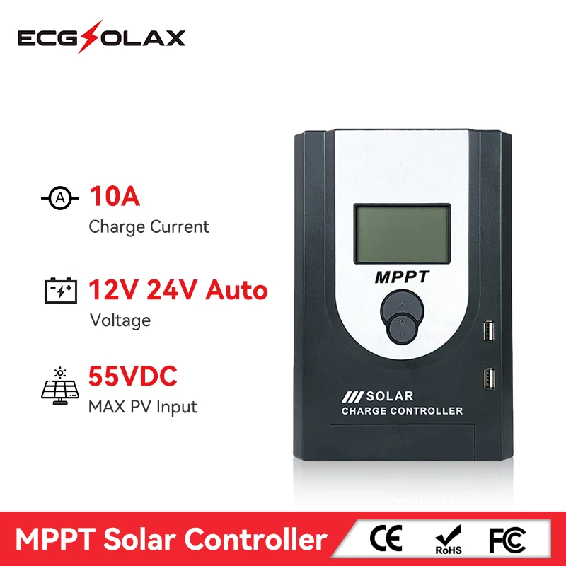 ECGSOLAX 10A MPPT Solar Charge Controller 12V 24V Auto Solar Panel Regulator With LCD Display 10A Solar Controller Max PV 55VDC