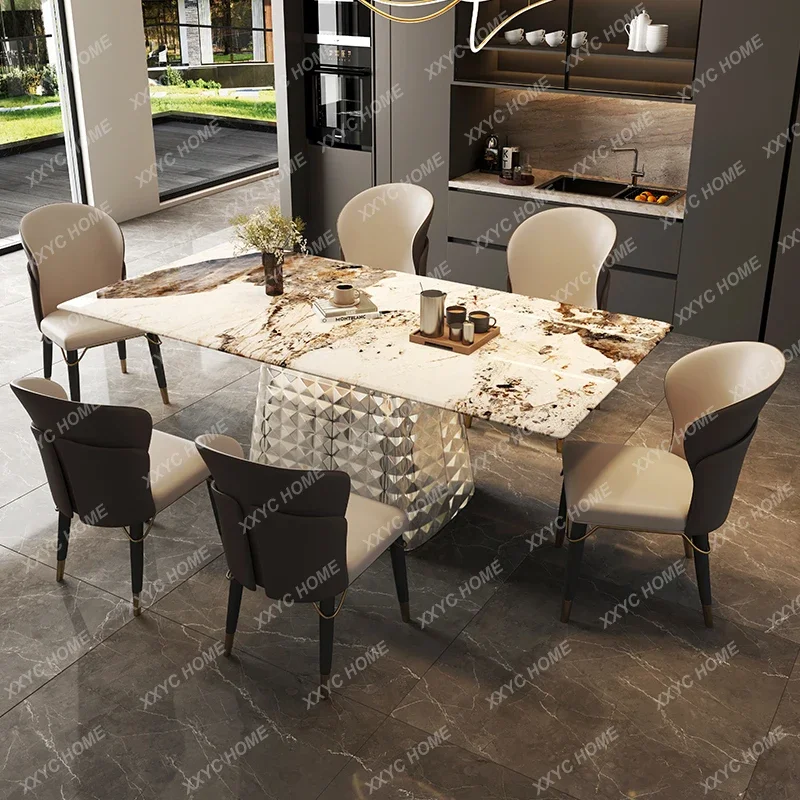 YX Stainless steel rock slab dining table New high-end French retro high-end imported marble dining table