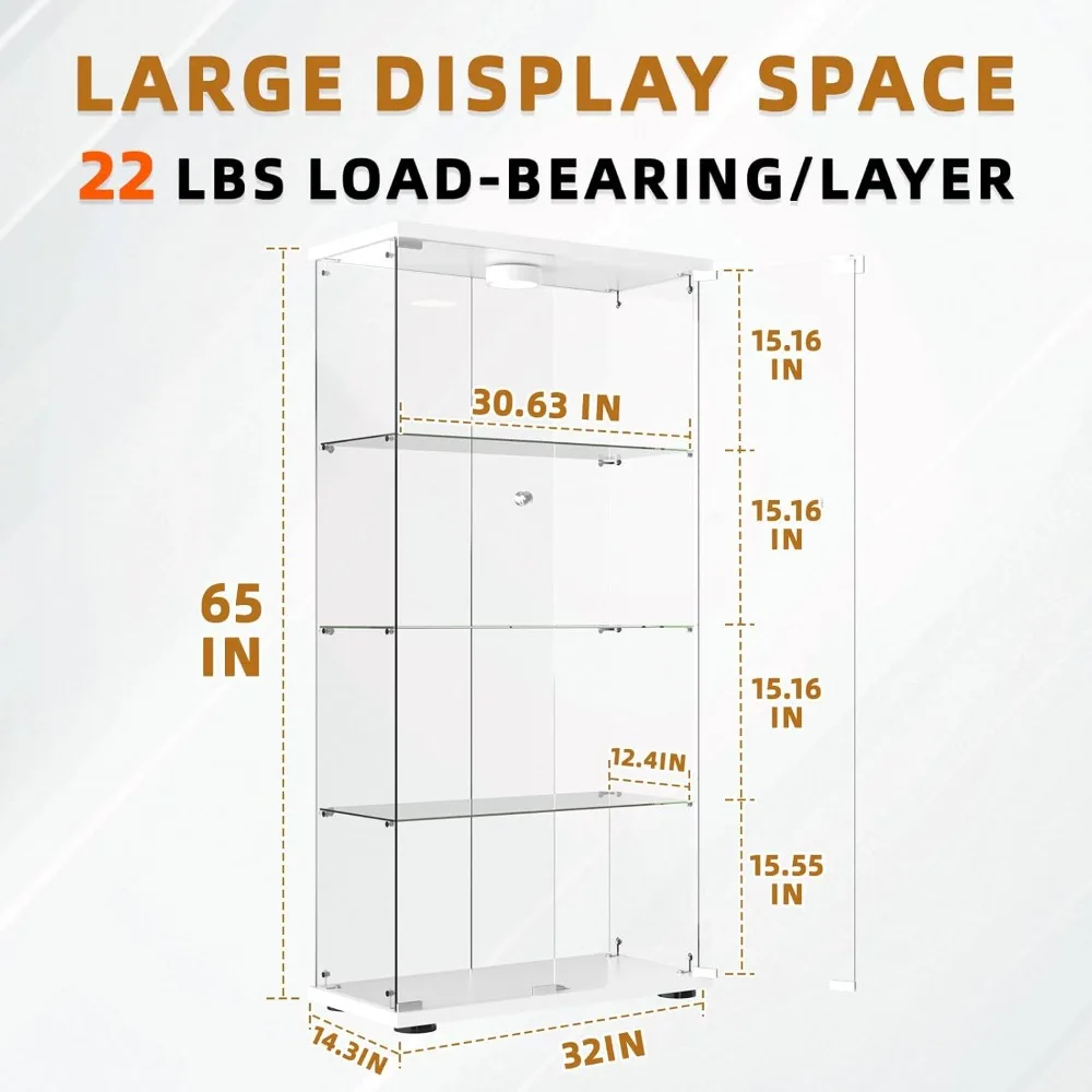 LED Illuminated Lockable 4-Shelf 2-Door Glass Display Cabinet with Tempered Glass Floors