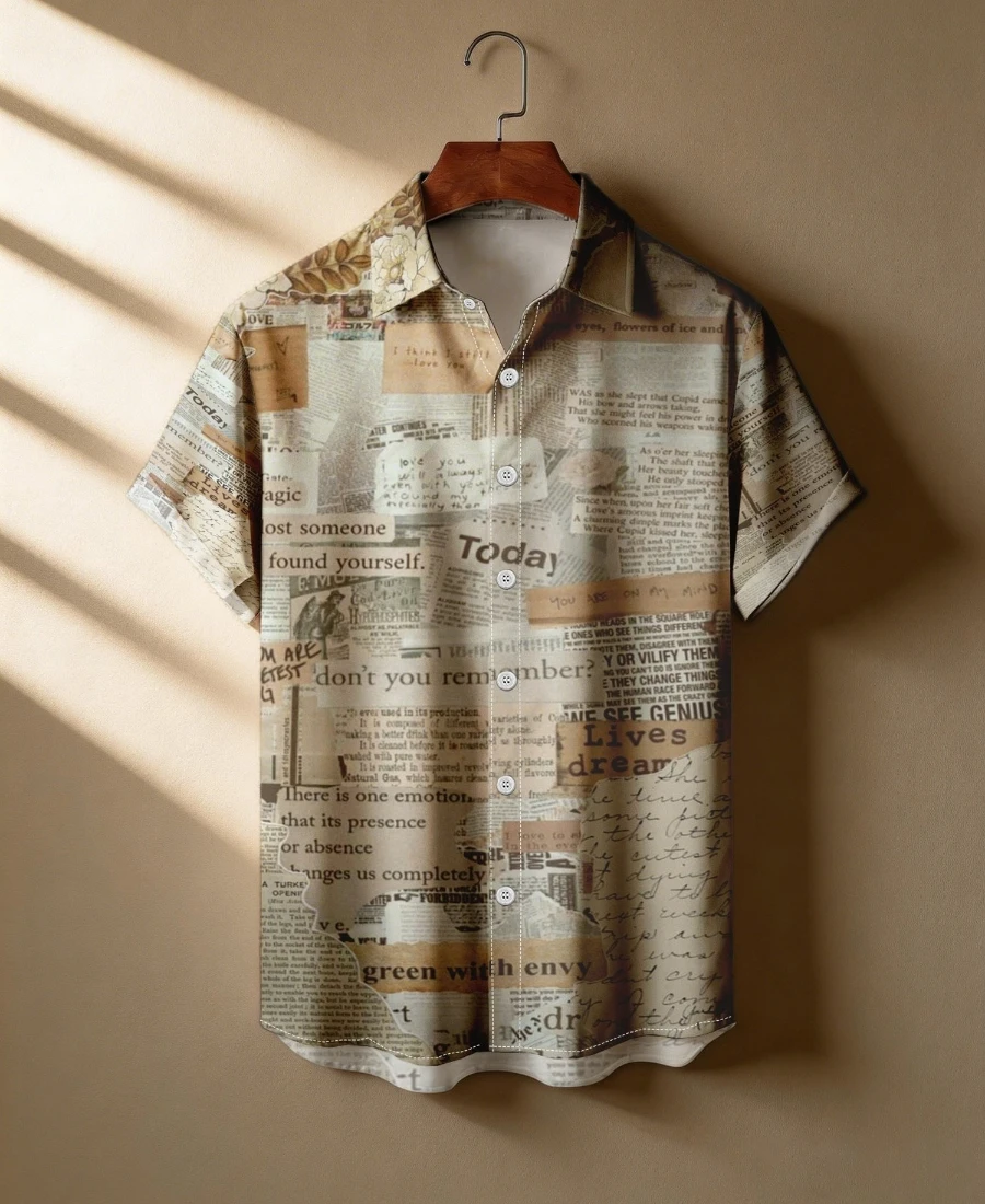 Retro English Newspaper Clipart 3D Print Short-Sleeved Shirt, Distressed Brown Street Style Loose Quick-Drying Shirt