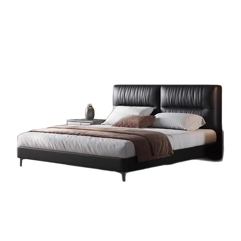 Modern Italian Black Leather Bed Minimalist Tofu Block Design Soft Upholstered Headboard Flush Edge Master Bedroom Furniture