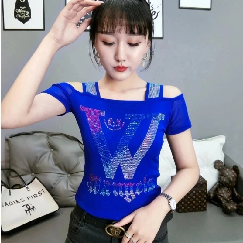 High Quality Summer European Clothes Sexy Cross V-Neck Luxury T-Shirt Shiny Diamonds Women's Brand Tops Femmes Tees