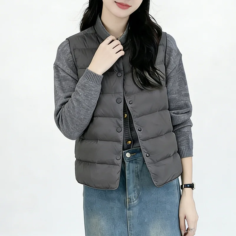 Chinese Style Short Duck Down Vest Women Lightweight Warm Quilted Inner Wear Stand Collar Casual Waistcoat VT-382