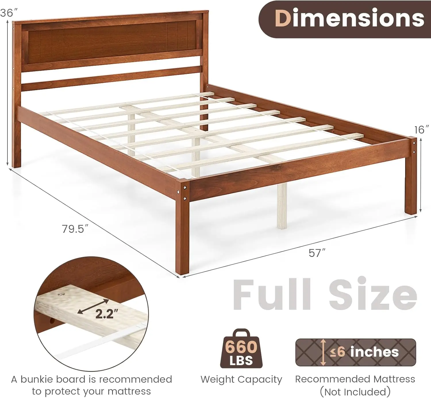 Full Size Wood Platform Bed Frame with Headboard, Solid Wood Bed Frame with Slat Support, 7-Leg Support, Under Bed Storage, 16-I