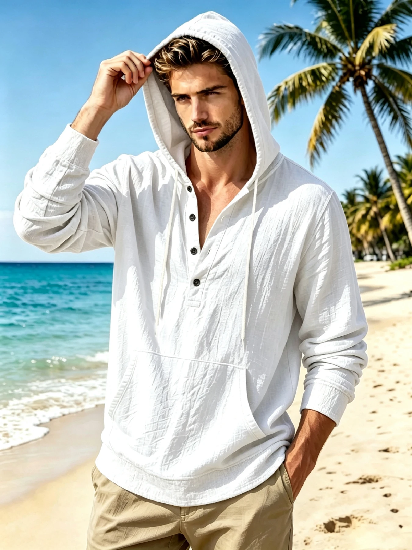 Men's Textured Henley Hooded Top, Urban Light Mature Casual Style, Half Button Placket & Ribbed Cuffs, Lightweight Draped Comfor