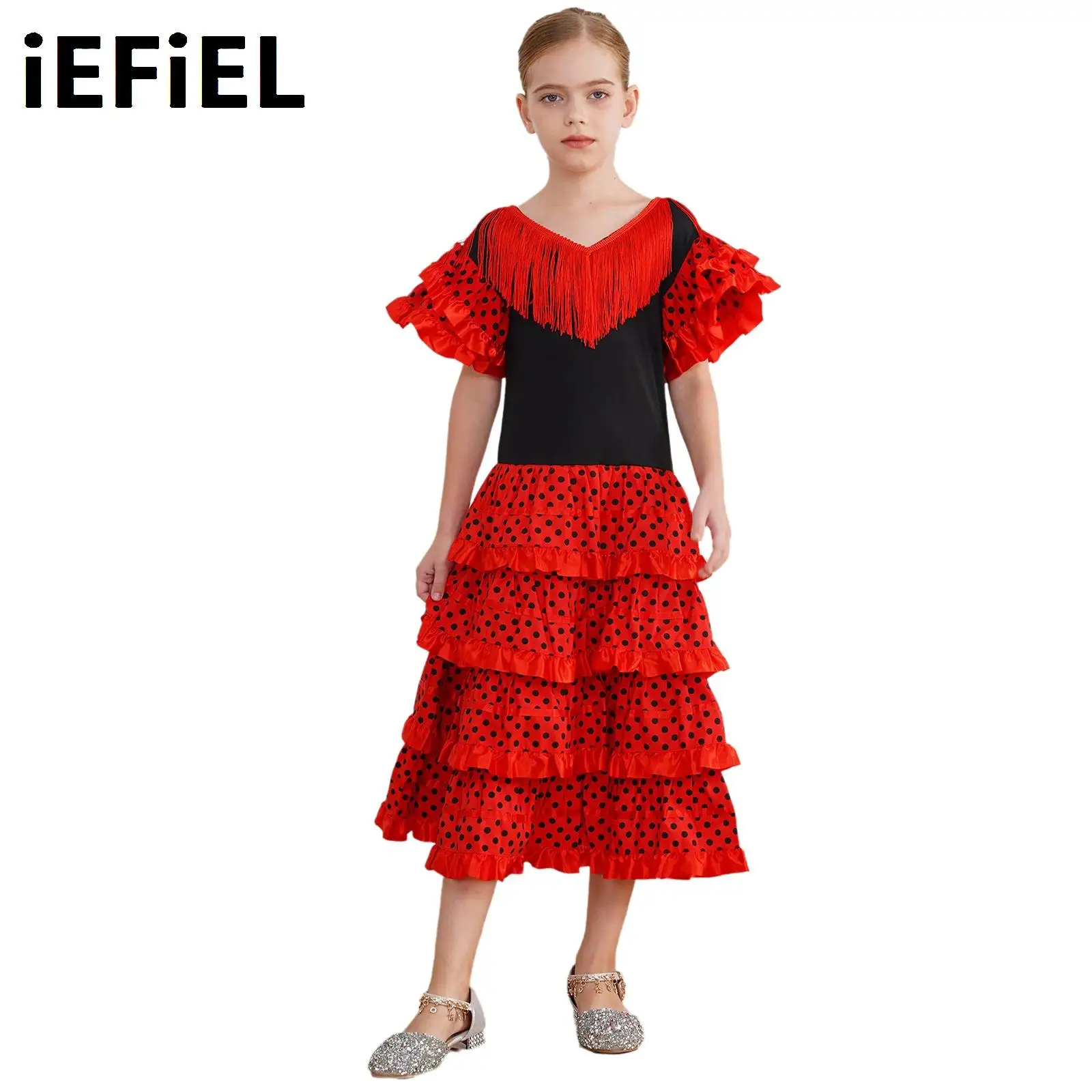 

Girls Flamenco Dress Stage Performance Costume Tassel V Neck Ruffled Sleeve Dots Tiered Ruffles Color Block Dance Dress