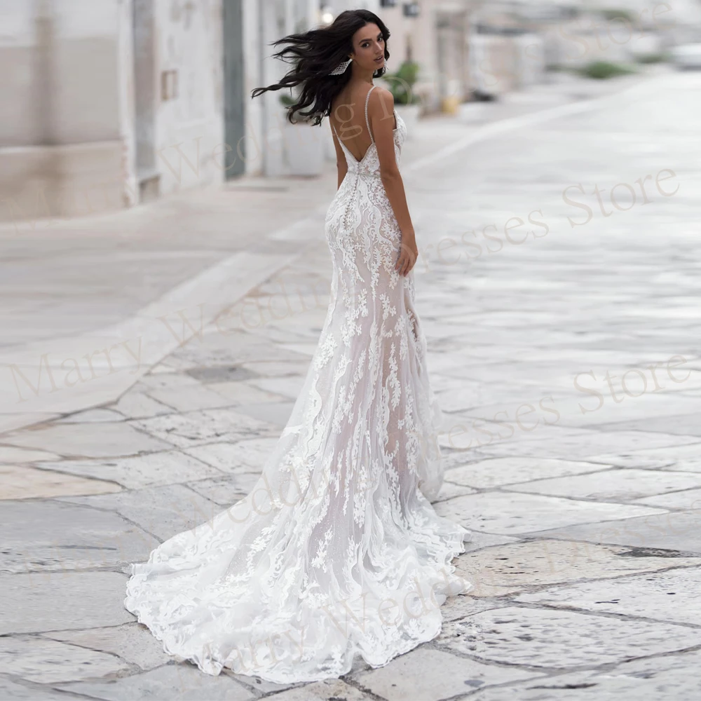 Squisiti abiti da sposa con scollo a v Sexy sirena Appliques pizzo senza spalline abiti da sposa bottone senza maniche Sweep Train