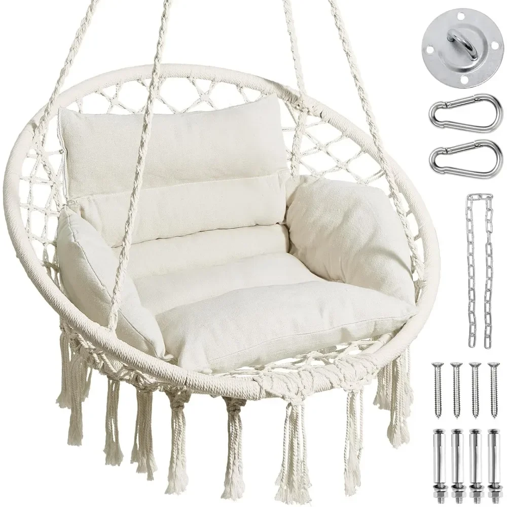 

Hammock Chair, Macrame Swing Chair with Comfy Cushion, Boho Hanging Chair for Outdoor & Indoor, Perfect for Bedroom