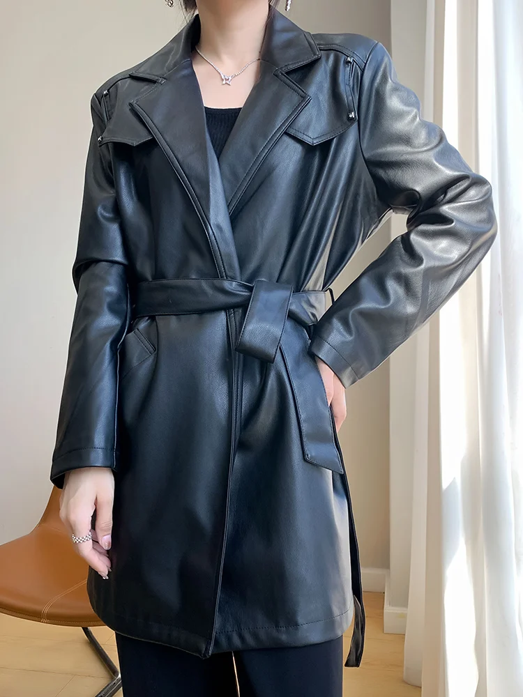 

Осень-зима, женский длинный черный свободный пояс с поясом, мотоциклетный костюм-ветровка, верхняя одежда, обычный све