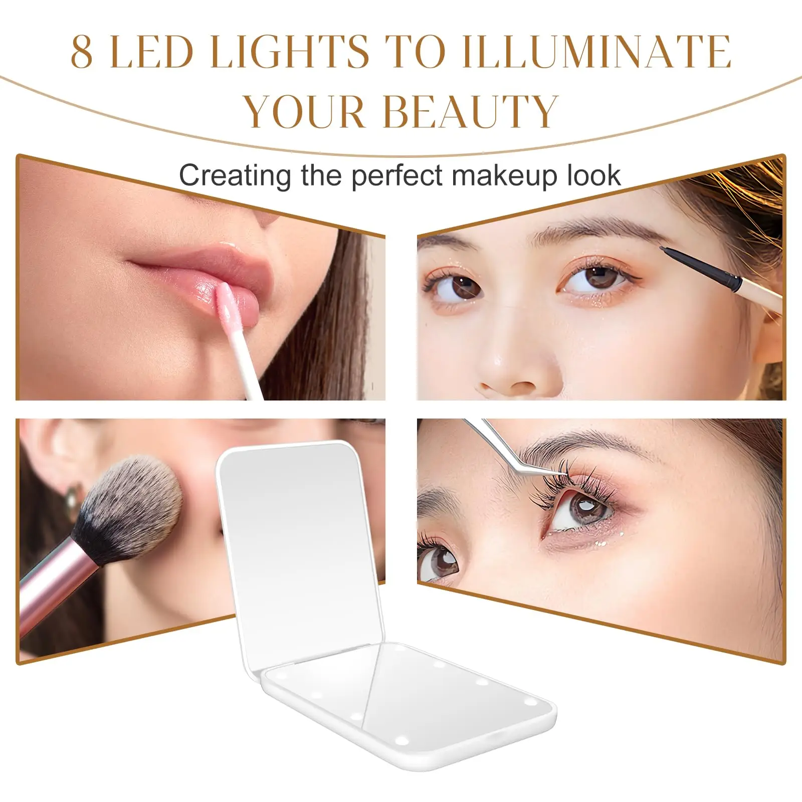 Miroir de maquillage pliant compact avec LED d'amplification de remplissage de lumière, mini portefeuille rose, poche de voyage, cadeaux, 3 pièces