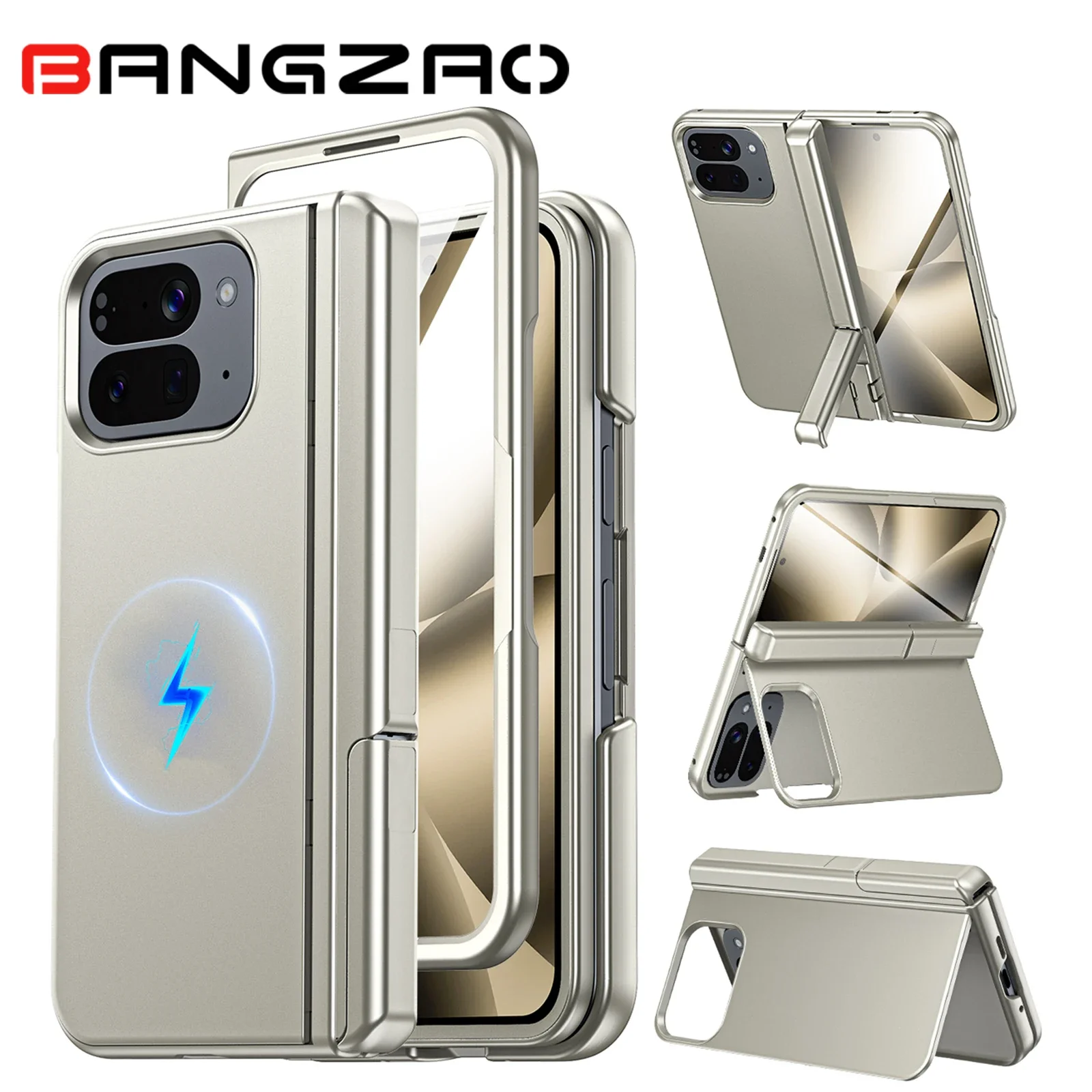 

Magnetic Case for Google Pixel 10 Pro Fold with Hidden Kickstand,Built-in 9H Glass Screen Protector & Hinge Protection-Titanium