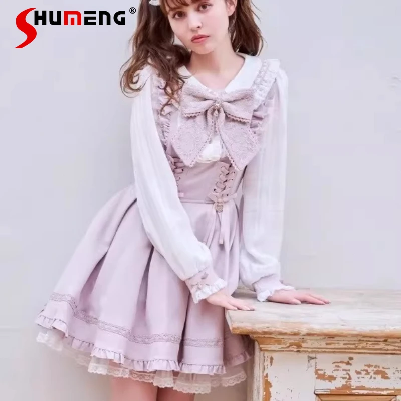 

Japanese Rojita Style Mass-Produced Mine Series New Sweet Cute Dress Lolita Lace Patchwork Navy Collar Girl Long Sleeves Dresses