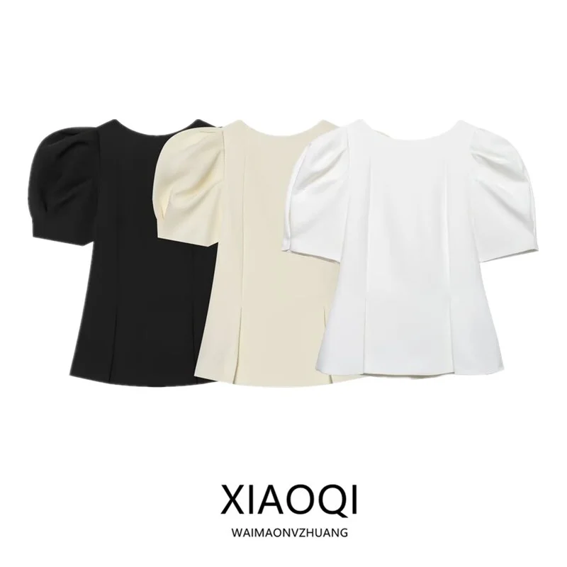 

Spring 2026 Women's round Neck Bubble Short Sleeve Shirt New Arrival Commute Style Straight Cut Other Material 100% Front Hem...