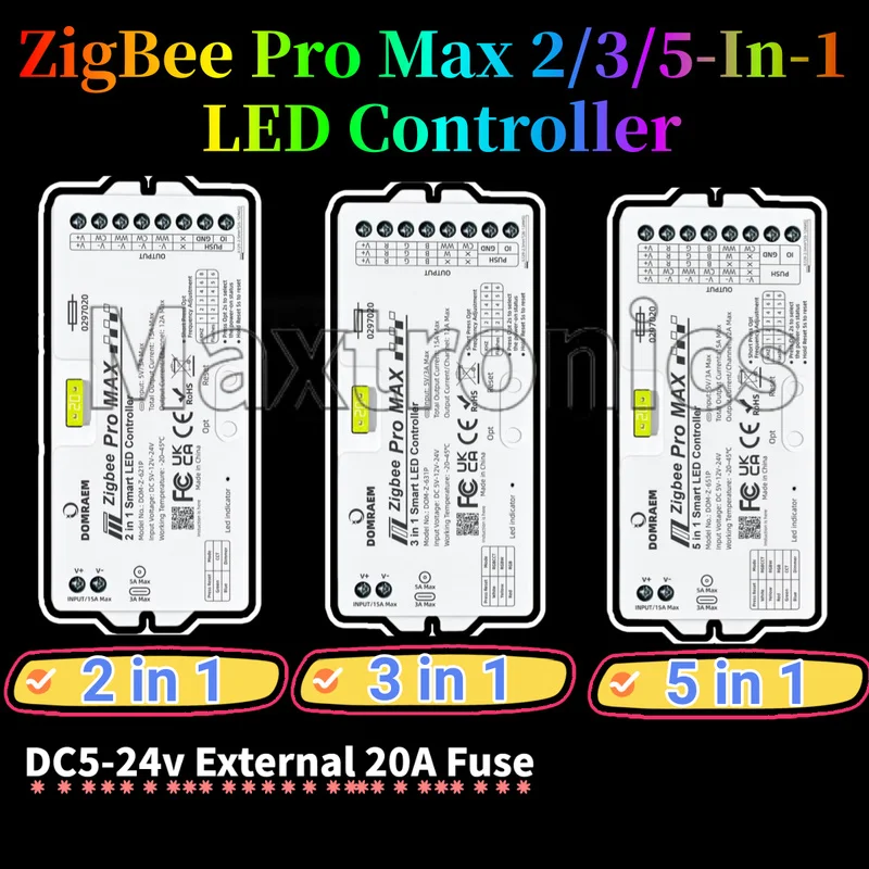 NEW DOMRAEM ZigBee Pro Max 2/3/5-In-1 LED Controller With External 20A Fuse DC5~24V 12A/CH Max 16AOutput For LED Strip Lights