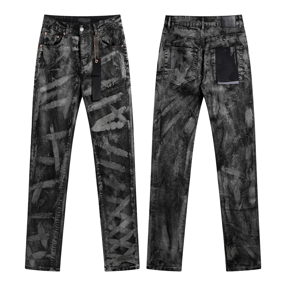 가을 겨울 스트릿웨어 찢어진 청바지 프린트 레트로 슬림핏 데님 청바지 남성 스트릿 스타일 남성 캐주얼 일본 스타일 2000년대