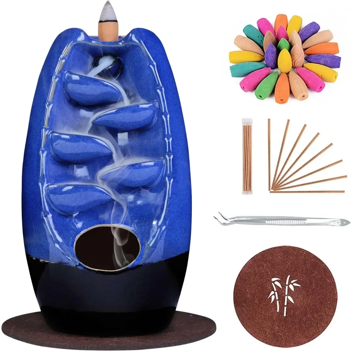 

Ceramic Backflow Incense Holder Burner Waterfall, Aromatherapy Ornament Home Decor with 120 Cones + 30 Stick, Navy