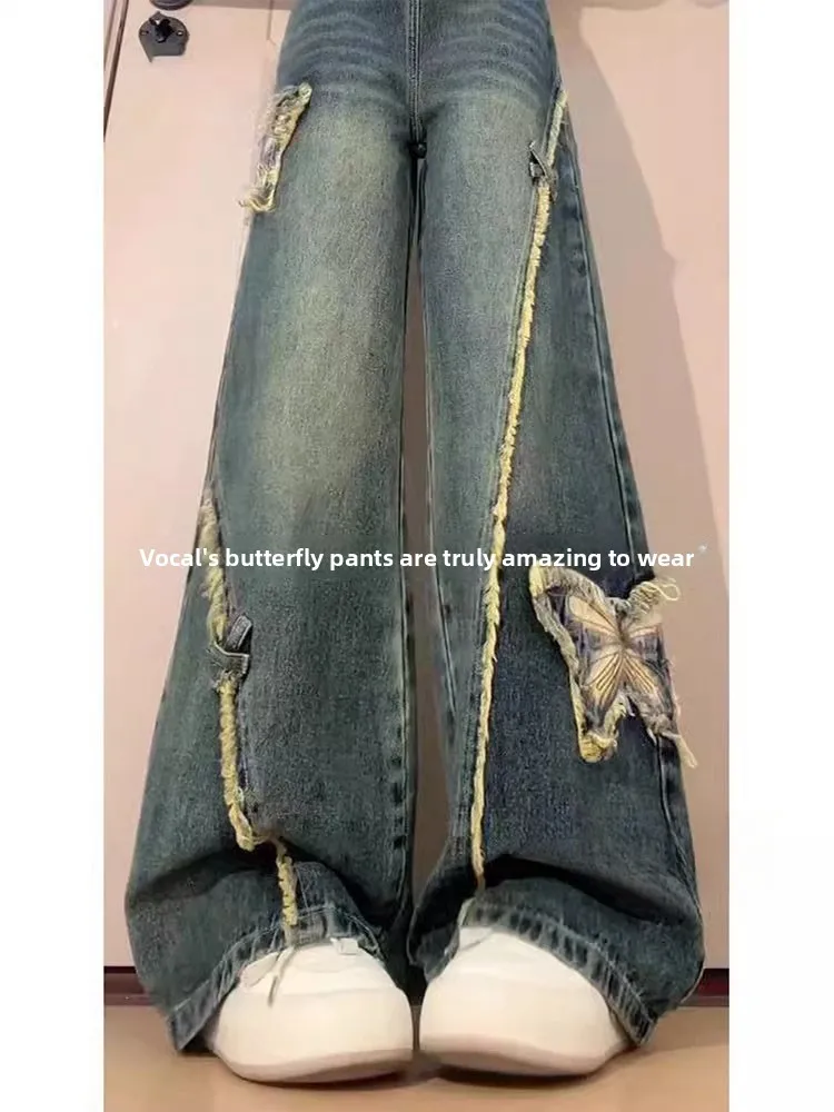 Large Size Embroidered  Side Zipper Denim Pants Women's Autumn Design Wide Leg Floor-Length Frill Pants Casual Sle