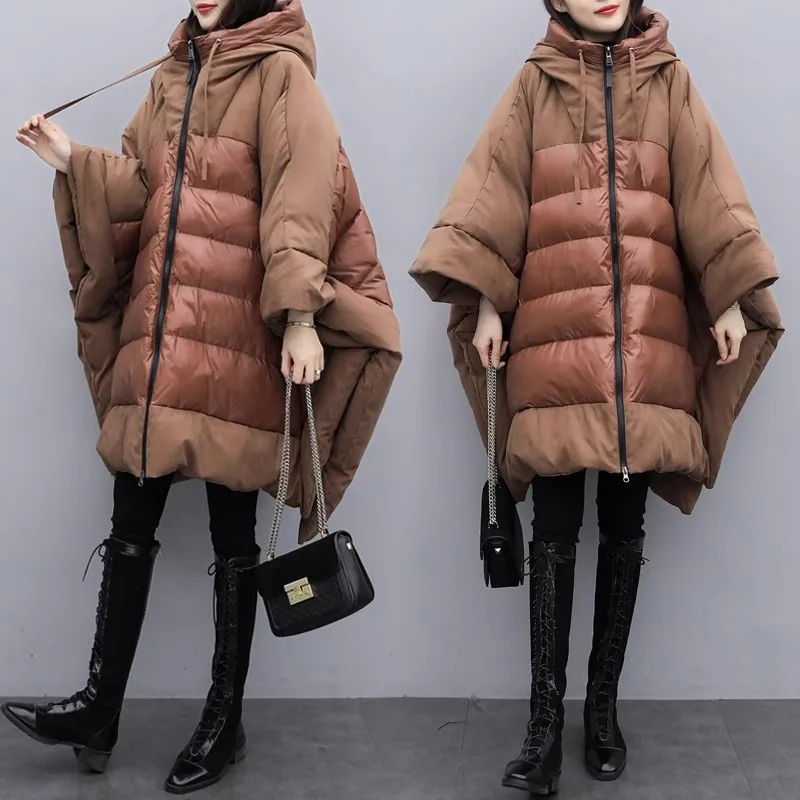 2023 New Winter Brown Fashion Loose Bat Sleeve Cloak Coat Women\'s Thickened Hooded Down Jacket Female Warm Parkas Overcoat